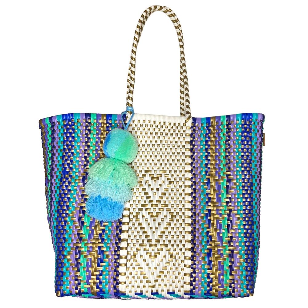 Squeeze de Citron Medium Heart Tote Bag Handcrafted Sustainable Beach Pompom